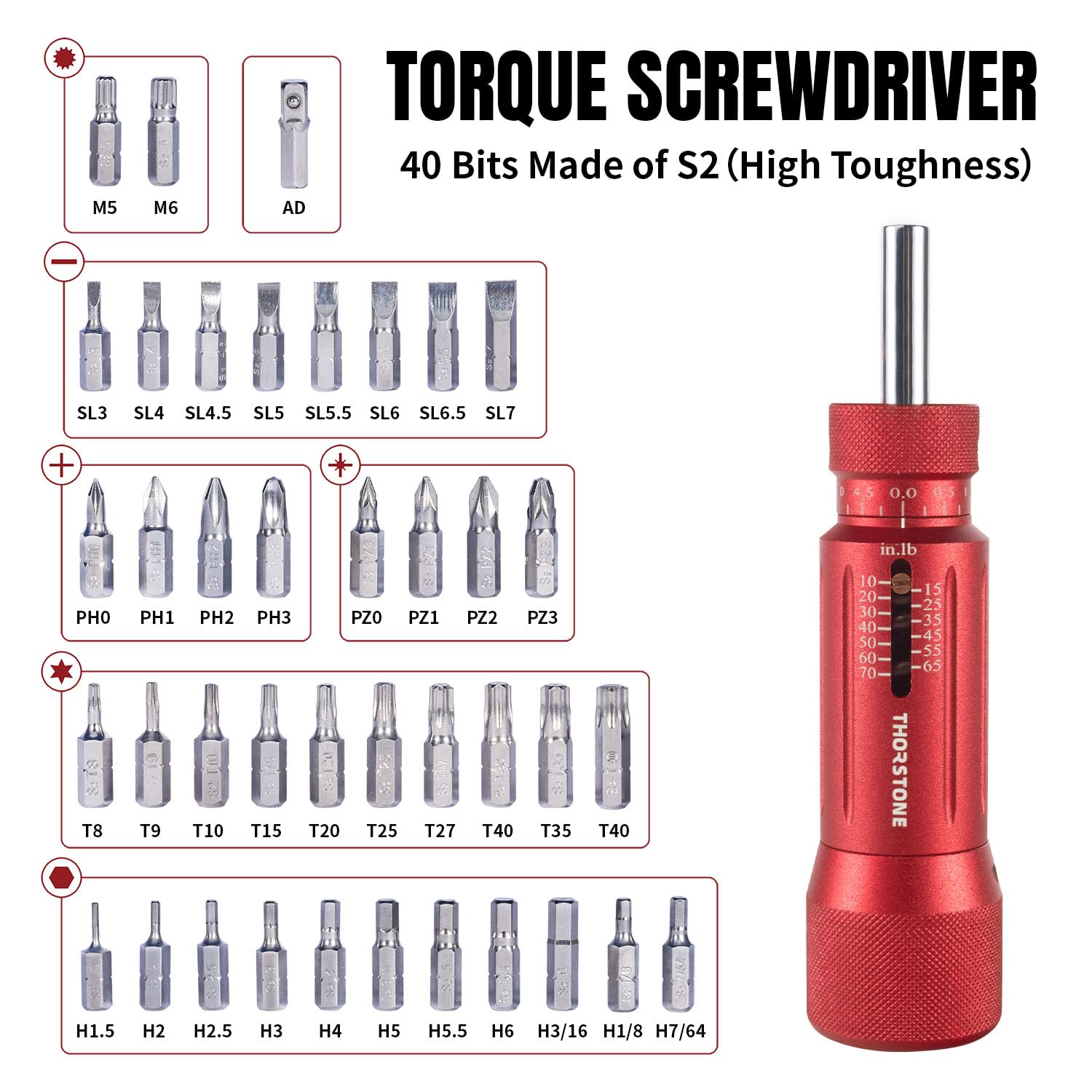 Thorstone 1/4" Torque Screwdriver Wrench Set | 10 to 70 Inch-Pounds | 40 Interchangeable S2 Bits